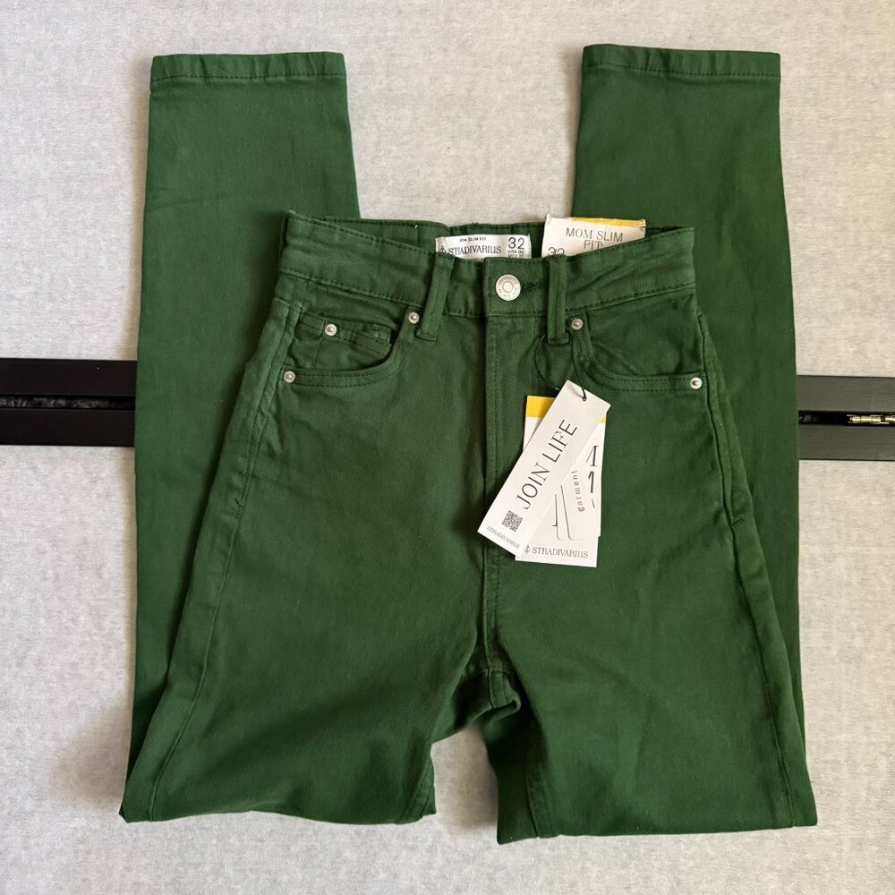 STRADIVARIUS Mom Slim Fit Jeans Women's 00 EU 22 Green Denim Skinny NWT